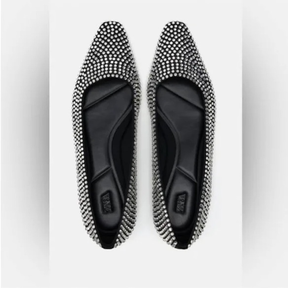 ZARA rhinestone embellished Black and Silver pointed Flats size 39 - Picture 7 of 14